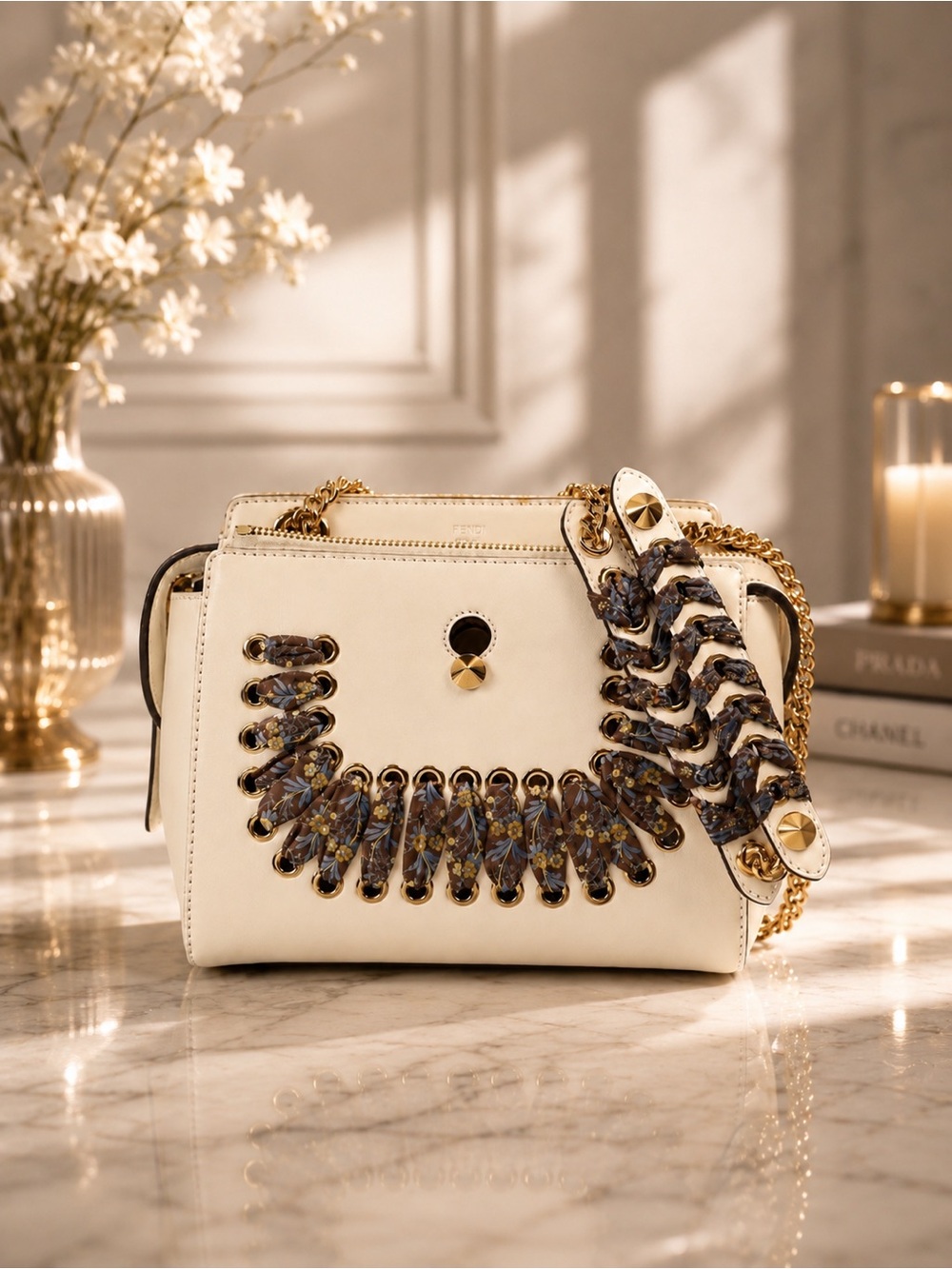 Fendi White Leather Dot Com Chain Shoulder Bag | Full Inclusion